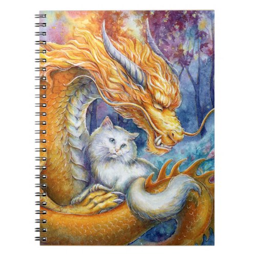 Fiery Dragon and White Cat in Mystical Forest Notebook