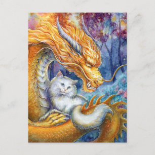 Fiery Dragon and White Cat in Mystical Forest Postcard