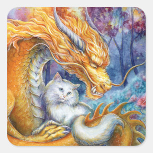 Fiery Dragon and White Cat in Mystical Forest Square Sticker