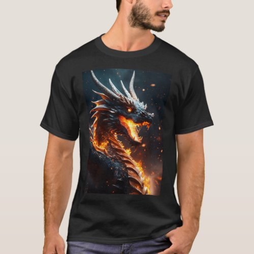 Fiery Dragon Emergence Printed T_Shirt