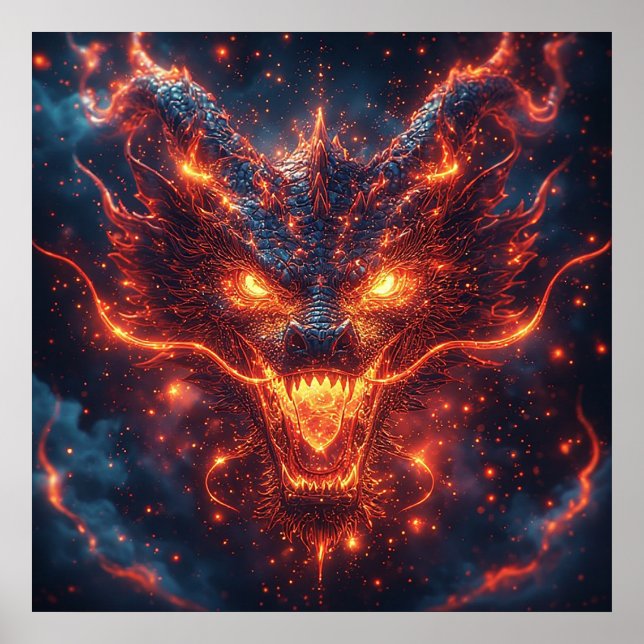 Fiery Dragon Head Radiating Intense Energy Poster (Front)
