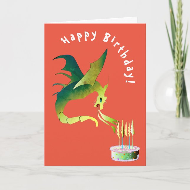 Fiery dragon lighting candles on birthday cake card (Front)