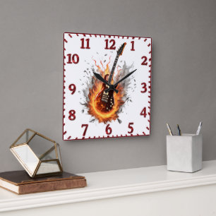 Fiery electric guitar at night square wall clock