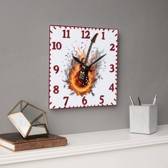 Fiery electric guitar at night square wall clock (Office)