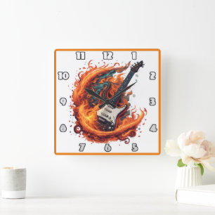 Fiery electric guitar at night square wall clock