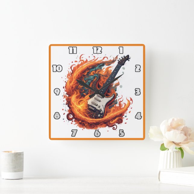 Fiery electric guitar at night square wall clock (Home)
