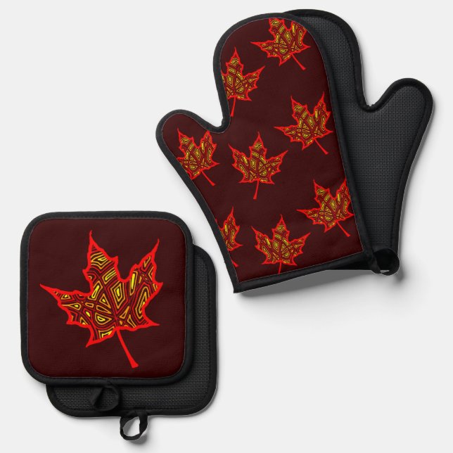 Fiery Fall Leaf Oven Mitt & Pot Holder Set (Front/Back)