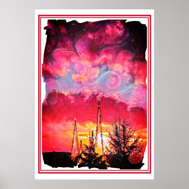 Fiery Fantasy Sunset with Crystal Towers Art Poster (Front)
