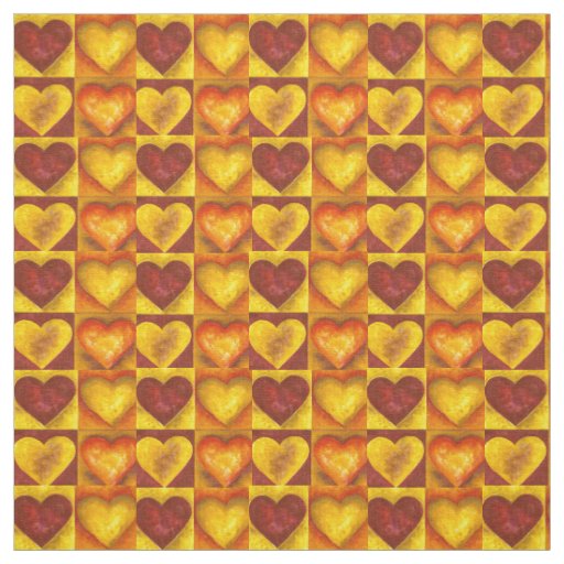 Fiery Fire Gouache Painted Hearts Red Orange Love Fabric