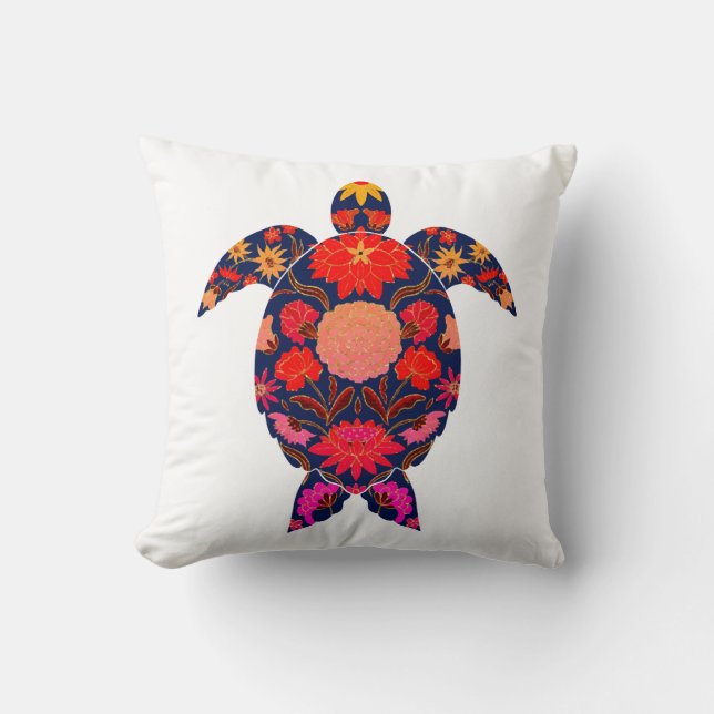 Fiery Floral Sea Turtle Throw Pillow (Front)