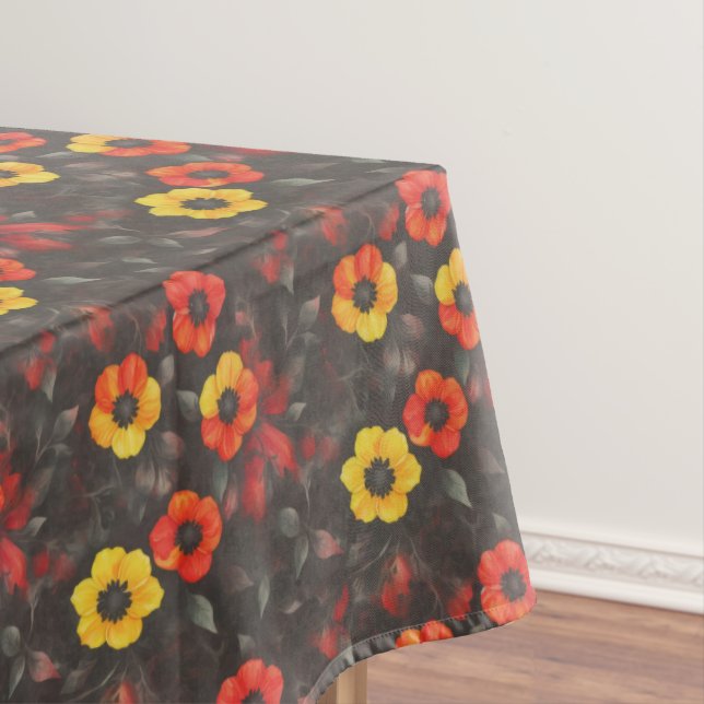 Fiery flowers on a dark background tablecloth (In Situ)