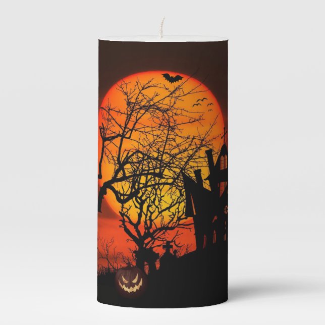 Fiery Full Moon Halloween  Pillar Candle (Front)