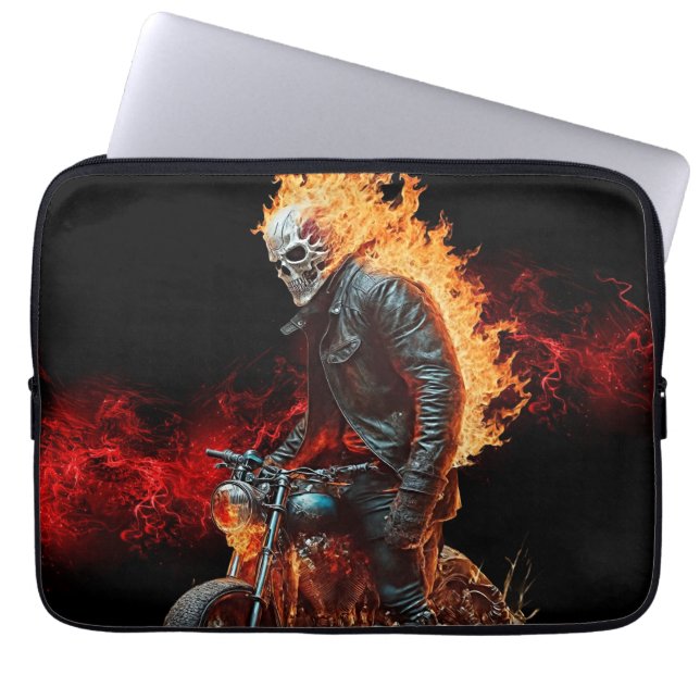 Fiery Ghost Rider Laptop Sleeve Flaming Motorcycle (Front)
