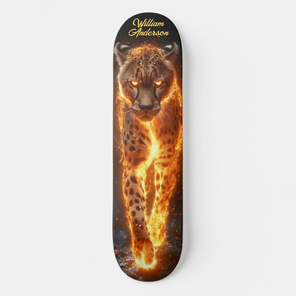 Fiery Glowing Cheetah Skateboard