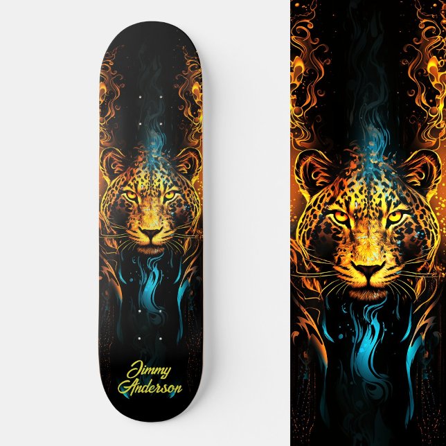 Fiery Glowing Tiger Blue & Yellow Cool Style Skateboard (Fiery Glowing Tiger Blue & Yellow Cool Style Skateboard)