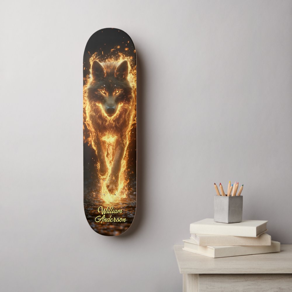 Fiery Glowing Wolf Skateboard