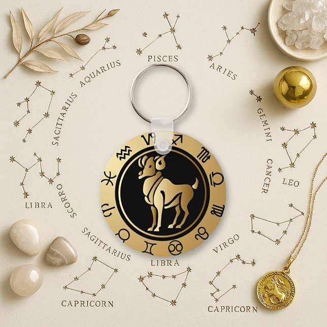 Fiery Gold Etched Aries Zodiac Wheel  Keychain (Creator Uploaded)