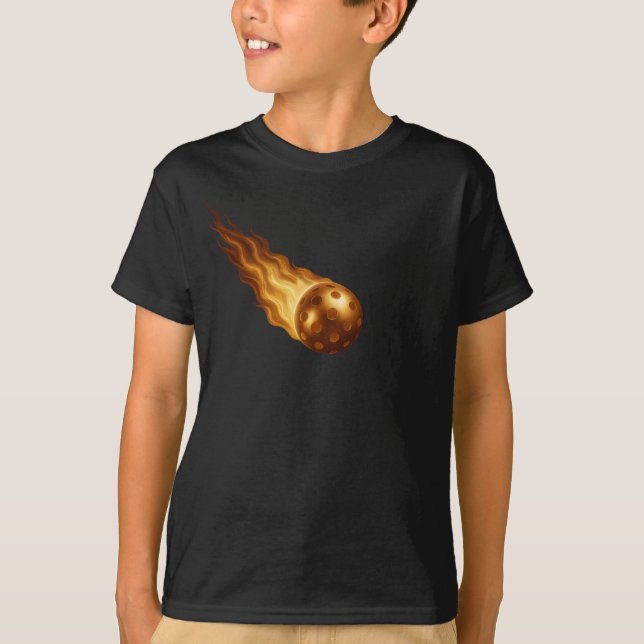 Fiery Golden Flames | Pickleball Player Kids Black T-Shirt (Front)