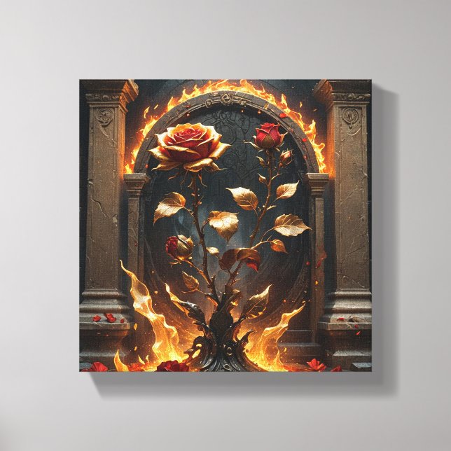 Fiery Golden Roses Canvas Print – Gothic Fantasy.  (Front)