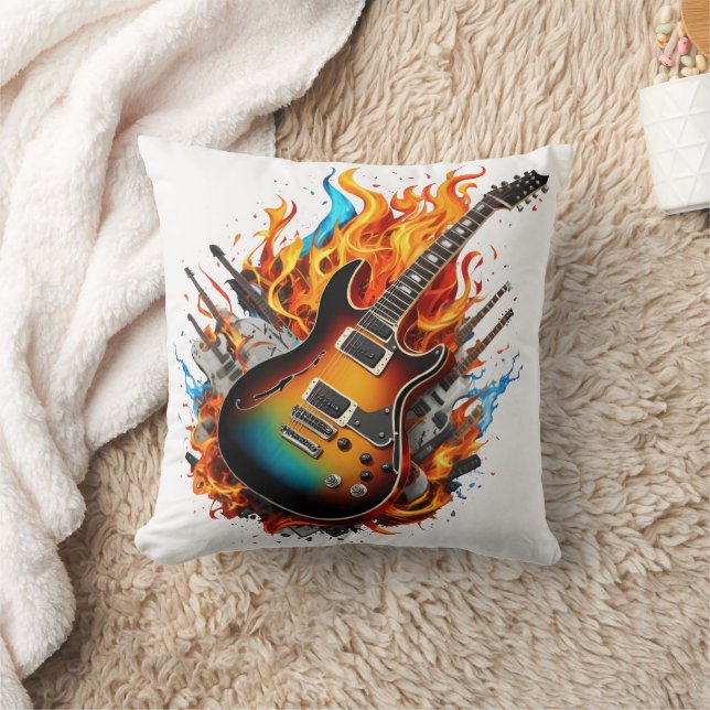 Fiery guitar amid flames and shadows throw pillow (Blanket)