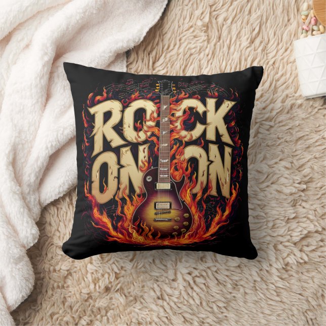 Fiery guitar artwork with rock-themed design throw pillow (Blanket)