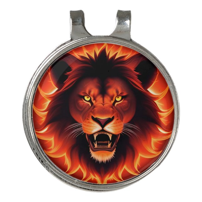 Fiery Lion Face With Glowing Mane Golf Hat Clip (Front)