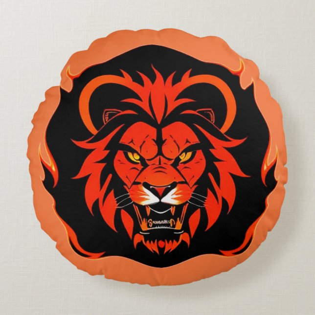 Fiery Lion Head Illustration Round Pillow (Front)