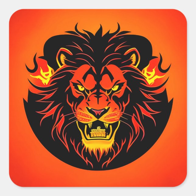 Fiery Lion Illustration Surrounded by Flamboyant Square Sticker (Front)