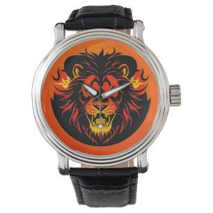 Fiery Lion Illustration Surrounded by Flamboyant Watch