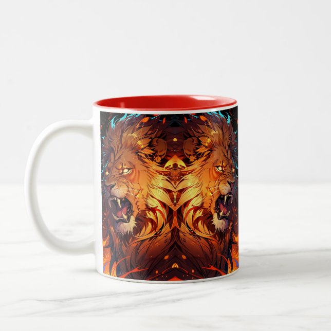 Fiery Lion with Vibrant Mane and Nature Elements Two-Tone Coffee Mug (Left)