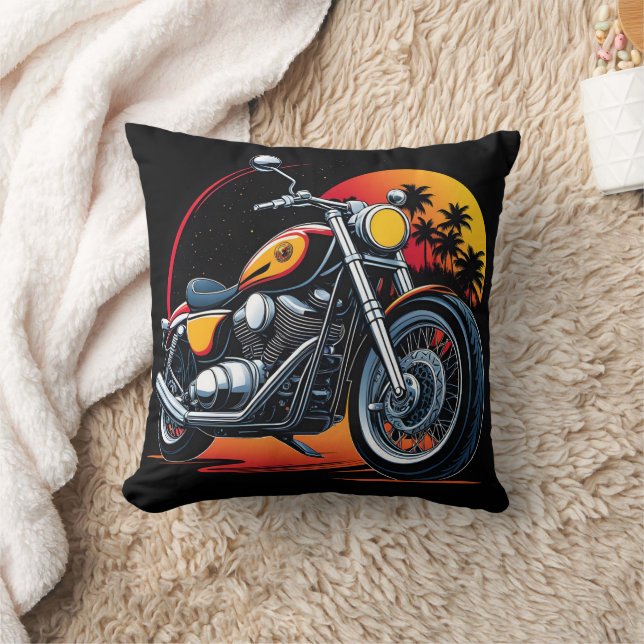 Fiery motorcycle against a tropical sunset skyline throw pillow (Blanket)