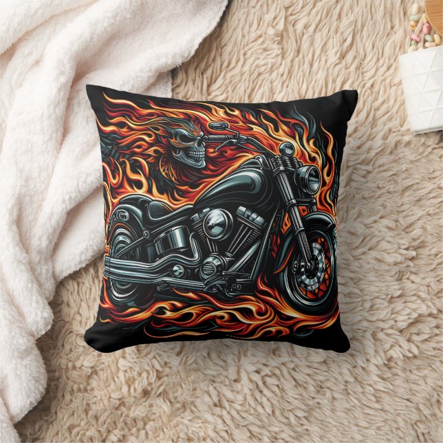 Fiery motorcycle blazing through darkened streets throw pillow (Blanket)