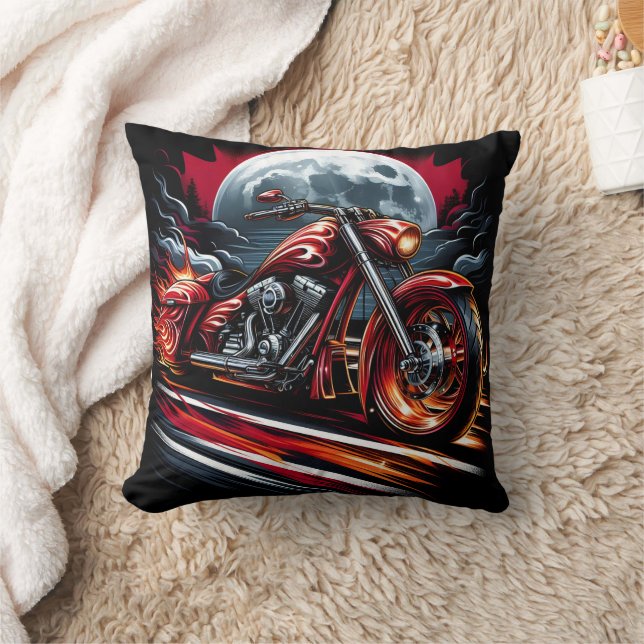 Fiery motorcycle races under a full moon throw pillow (Blanket)