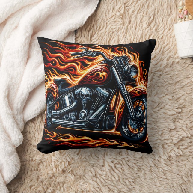 Fiery motorcycle revving in a blaze at sunset throw pillow (Blanket)