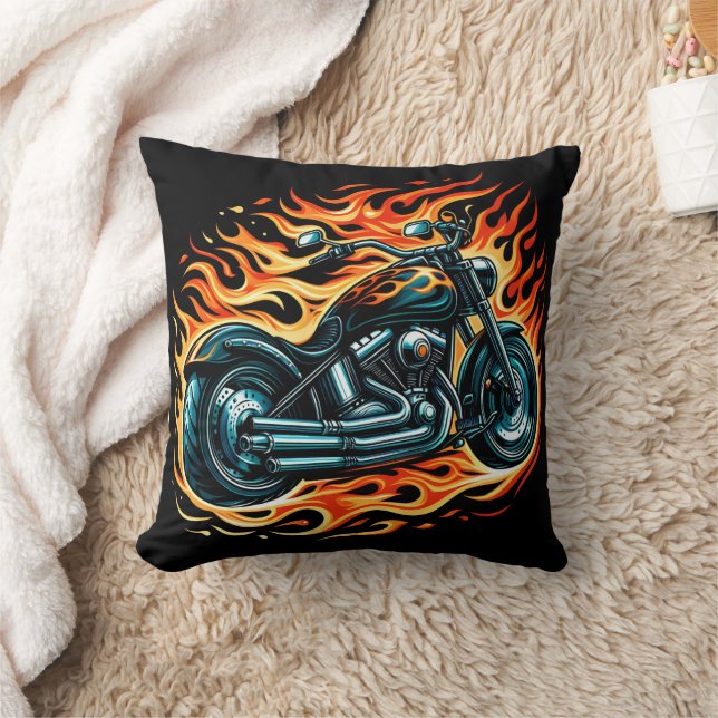 Fiery motorcycle roaring through the night sky throw pillow (Blanket)