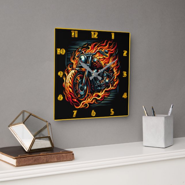 Fiery motorcycle roaring through vibrant flames square wall clock (Office)