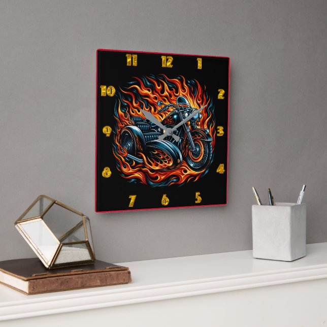 Fiery motorcycle roaring through vibrant flames square wall clock (Office)