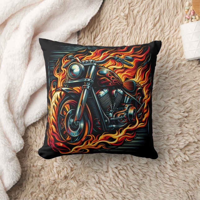 Fiery motorcycle roaring through vibrant flames throw pillow (Blanket)