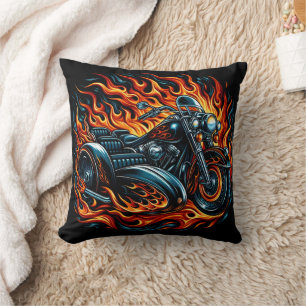 Fiery motorcycle roaring through vibrant flames throw pillow