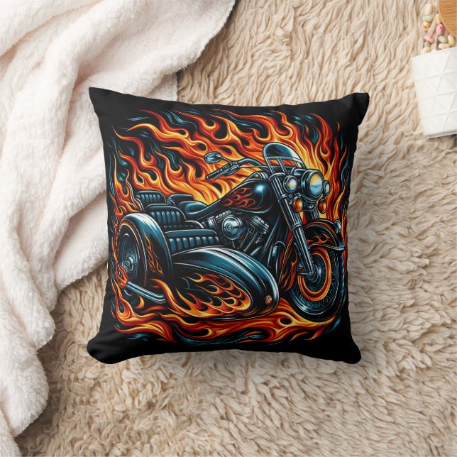 Fiery motorcycle roaring through vibrant flames throw pillow (Blanket)