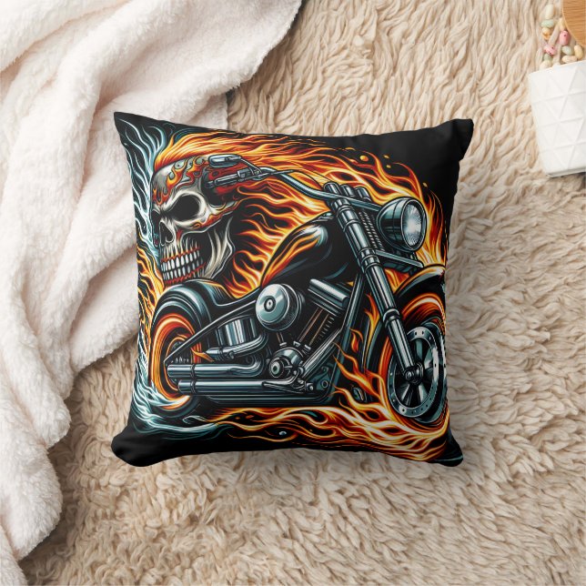 Fiery motorcycle with a skull in a vibrant blaze throw pillow (Blanket)