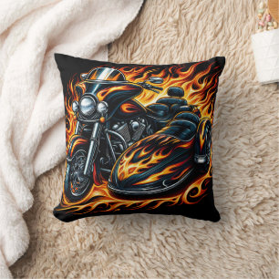 Fiery motorcycle with sidecar at sunset throw pillow