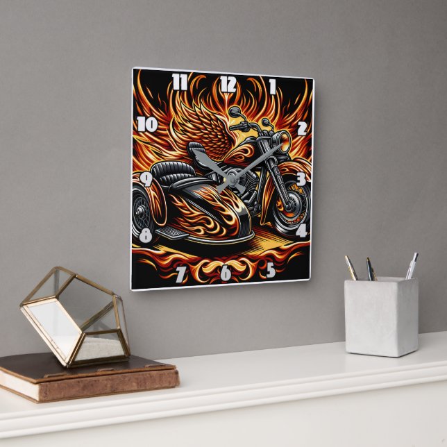 Fiery motorcycle with vibrant flames and sidecar square wall clock (Office)