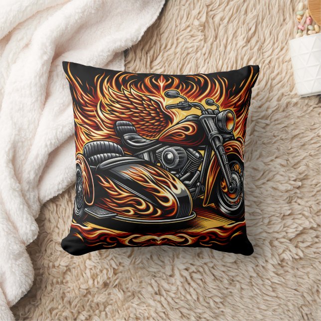 Fiery motorcycle with vibrant flames and sidecar throw pillow (Blanket)