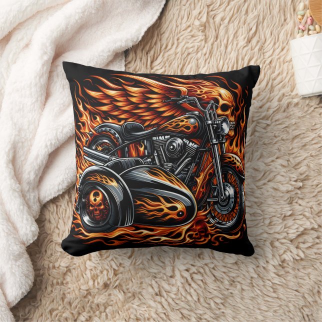 Fiery motorcycle with vibrant flames and sidecar throw pillow (Blanket)