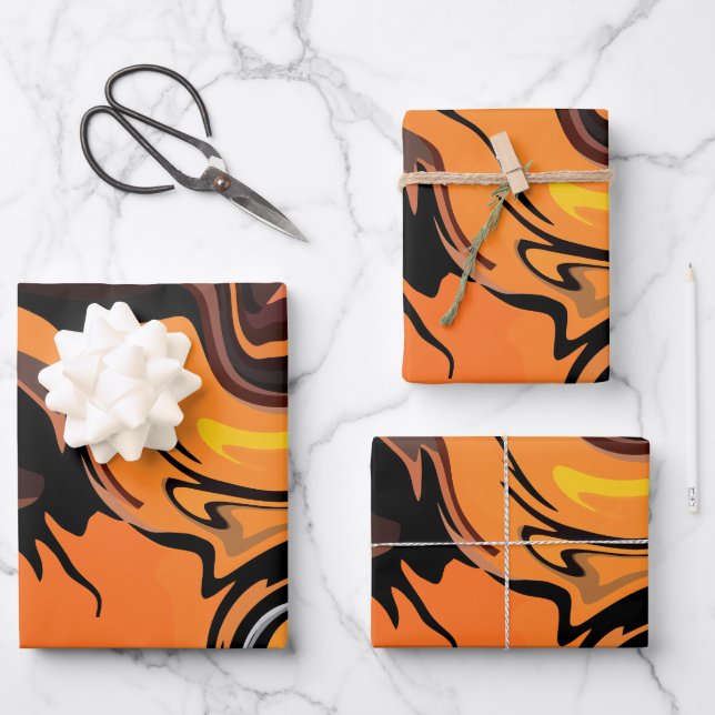 Fiery Orange Abstract Swirl Pattern Wrapping Paper Sheets (Front)