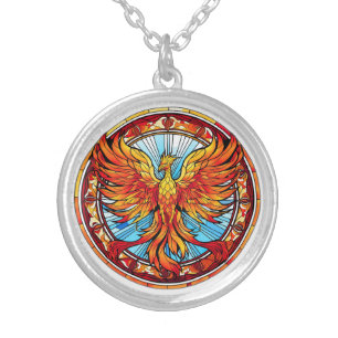 Fiery Orange Blue Phoenix Bird Silver Plated Necklace