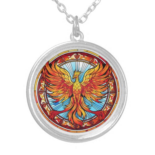Fiery Orange Blue Phoenix Bird Silver Plated Necklace
