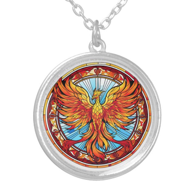 Fiery Orange Blue Phoenix Bird Silver Plated Necklace (Front)