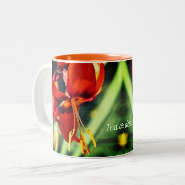 Fiery Orange Lily Flower Personalized Two-Tone Coffee Mug (Front Left)